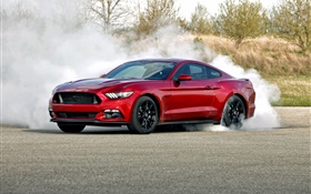 Ford Mustang red color car, smoke HD wallpaper