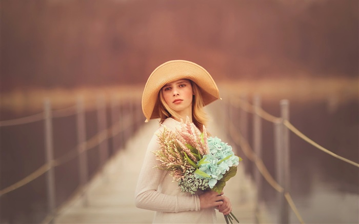 Girl at bridge, blonde, hat, portrait, flowers Wallpapers Pictures Photos Images