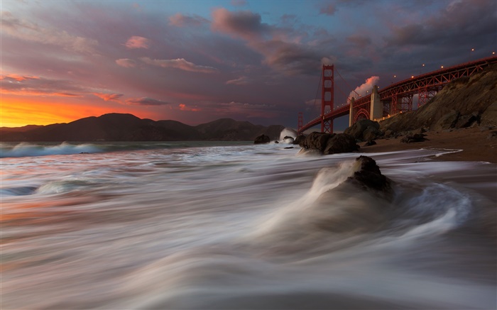 Golden Gate Bridge, Marshall Beach, sea, USA, San Francisco, night, clouds Wallpapers Pictures Photos Images