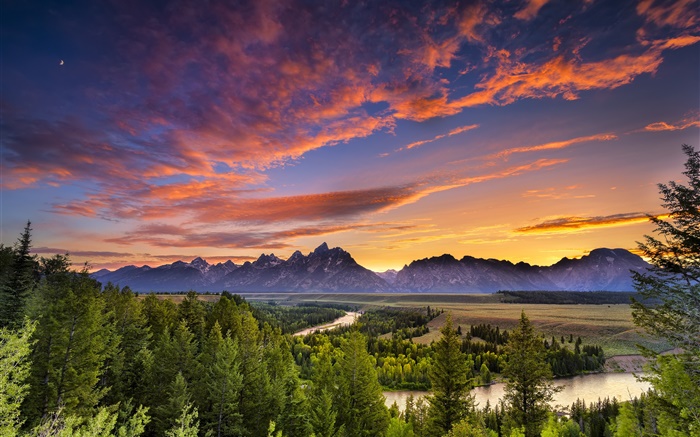 Grand Teton National Park, USA, mountains, river, trees, clouds, sunset Wallpapers Pictures Photos Images
