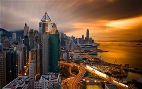 Hong Kong, China, city night, port, sky, buildings, night HD wallpaper