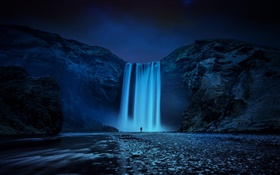 Iceland, rocks, waterfall, night