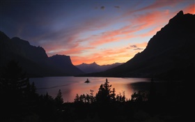 Lake, mountains, trees, sunrise, morning, dawn HD wallpaper