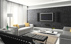 Living room, sofa, TV, lamp, window HD wallpaper