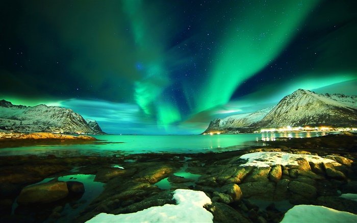 Lofoten Islands, Norway, Northern lights, mountains, sea, stones, night Wallpapers Pictures Photos Images