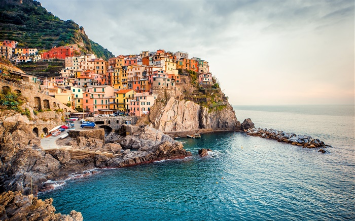 Manarola, Italy, houses, coast, boats, cliff Wallpapers Pictures Photos Images