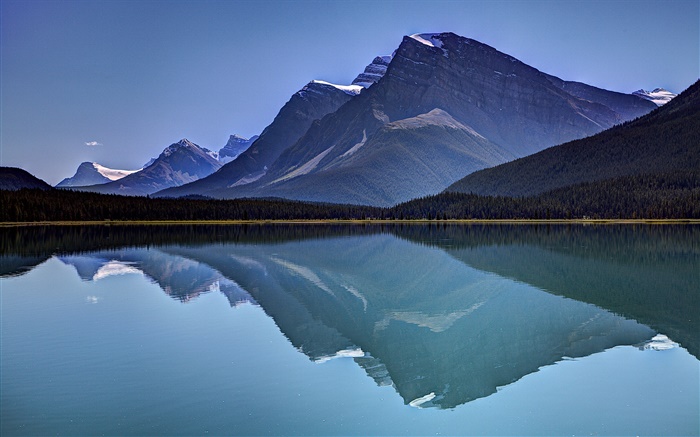 Mountains, lake, forest, water reflection, sky Wallpapers Pictures Photos Images