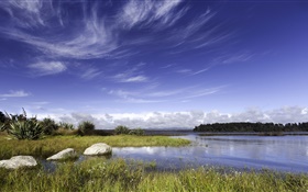New Zealand, lake, rocks, grass, blue sky, clouds HD wallpaper