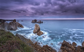 Northern Spain, Cantabria, coast, sea, rocks, clouds, dusk HD wallpaper