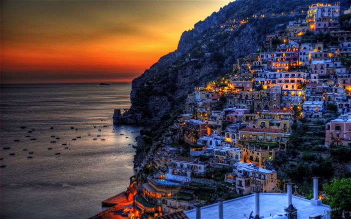 Positano, Italy, beautiful sunset, sea, coast, mountains, houses, lights Wallpapers Pictures Photos Images