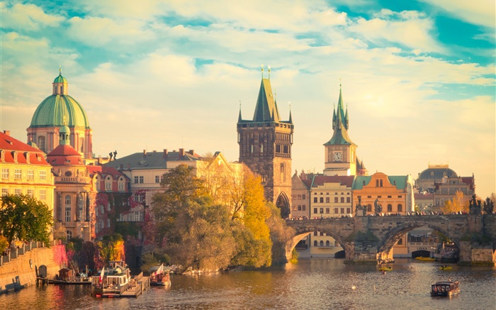 Prague, Czech Republic, river Vltava, Charles bridge, boats, houses Wallpapers Pictures Photos Images