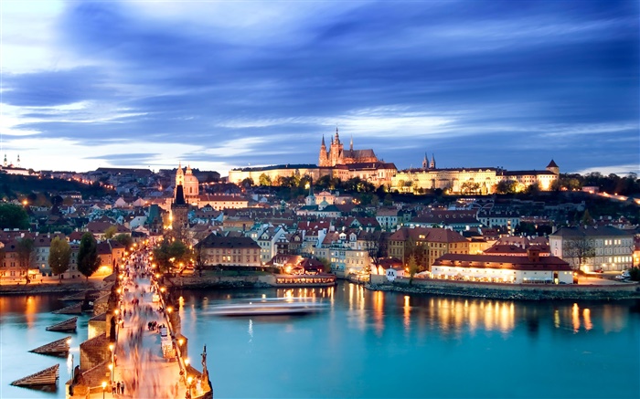 Prague city night, lights, houses, Charles Bridge, river, dusk, sky Wallpapers Pictures Photos Images