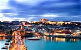 Prague city night, lights, houses, Charles Bridge, river, dusk, sky HD wallpaper