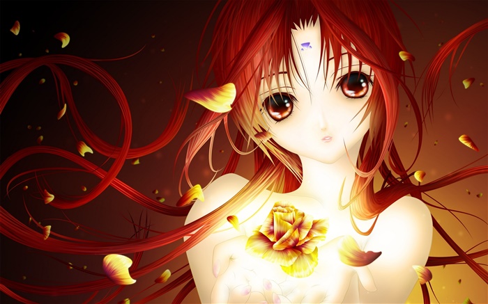 Red hair anime girl, rose petals Wallpapers Pictures Photos Images