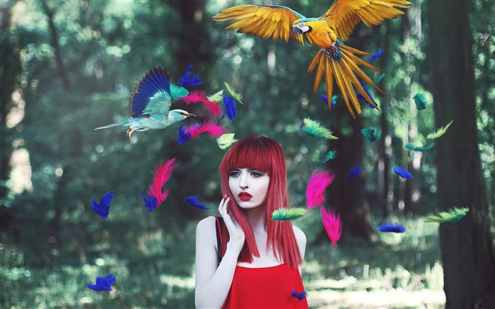 Red hair girl, colorful feathers, birds, creative pictures Wallpapers Pictures Photos Images