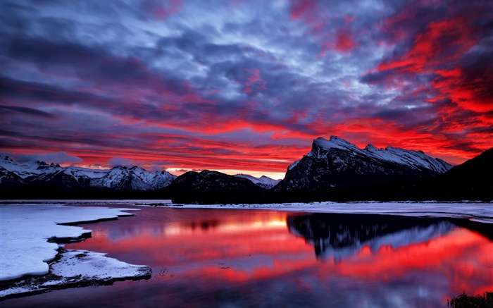 Red sky, clouds, glow, sunset, mountain, lake, snow, winter Wallpapers Pictures Photos Images