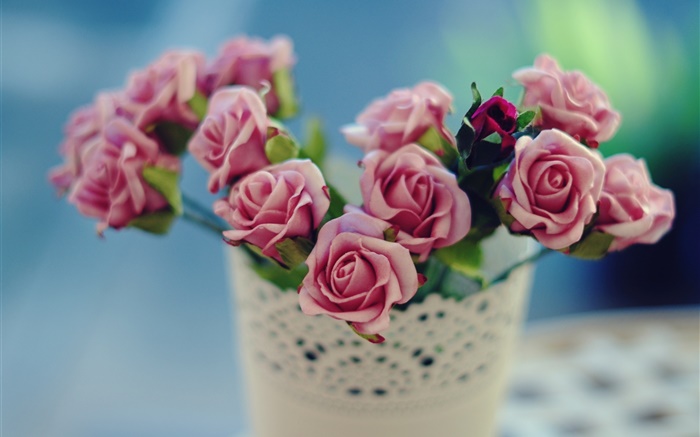 Rose flowers, pink, vase, blur background Wallpapers Pictures Photos Images