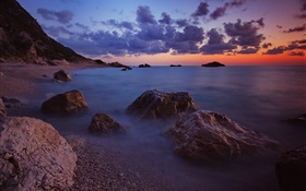 Sea, sunset, clouds, sky, evening, stones, coast HD wallpaper