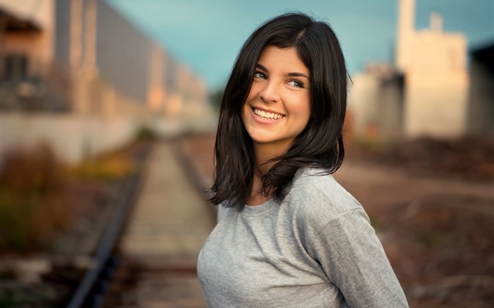 Smile girl, black hair, railway, bokeh Wallpapers Pictures Photos Images