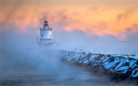 South Portland, Maine, lighthouse, frost, dawn, fog HD wallpaper