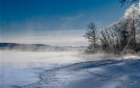 Steam, fog, lake, trees, mountains, winter, snow