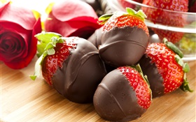Strawberries, chocolate, dessert HD wallpaper