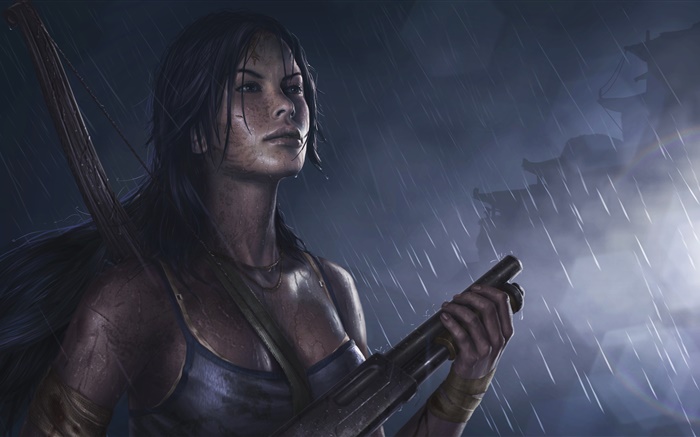 Tomb Raider, girl, shotgun, rain Wallpapers Pictures Photos Images