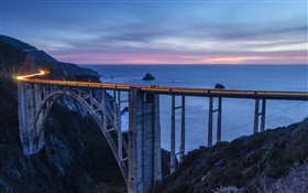 USA, California, Monterey, bridge, bay, sea, mountains, night