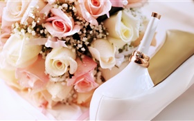 Wedding rings, pink rose flowers, heels HD wallpaper