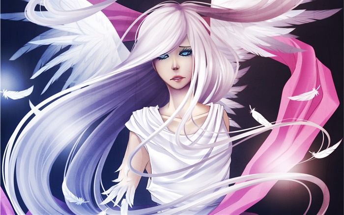 White hair anime girl, angel, wings, feathers Wallpapers Pictures Photos Images