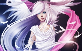 White hair anime girl, angel, wings, feathers