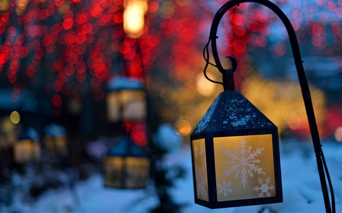 Winter, lanterns, lights, night, snowflakes Wallpapers Pictures Photos Images