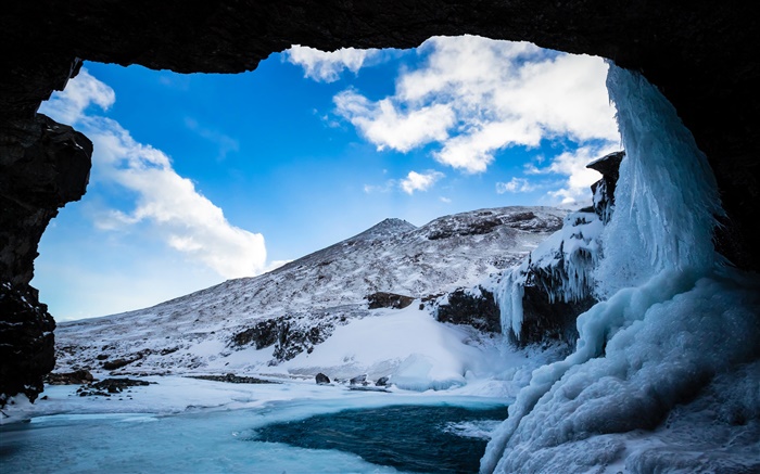 Winter, snow, ice, cave, mountain, clouds, blue sky Wallpapers Pictures Photos Images