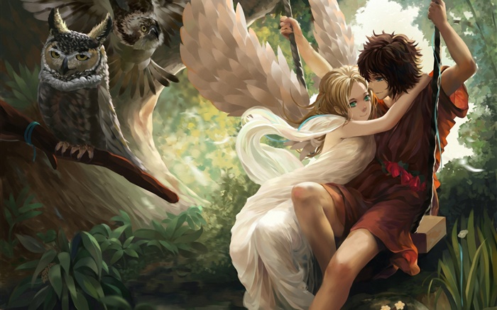 Anime angel girl, wings, boy, swing, owl Wallpapers Pictures Photos Images