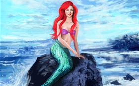 Art fantasy, mermaid sitting on stones, smile, red hair, tail
