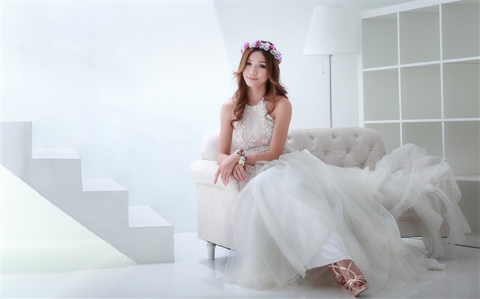 Asian girl, beautiful dress, bride, posture, sofa Wallpapers Pictures Photos Images