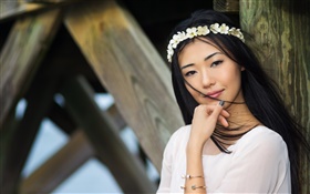 Asian girl, long hair, wreath, wind, summer HD wallpaper