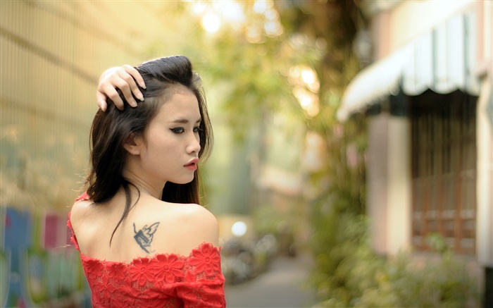 Asian girl, tattoo, red dress, look back Wallpapers Pictures Photos Images