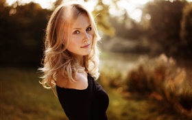 Black dress blonde girl, sunshine HD wallpaper