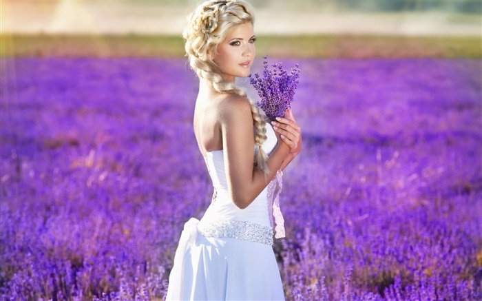Blonde girl, bride, lavender flowers field Wallpapers Pictures Photos Images