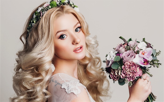 Blonde girl, makeup, bouquet flowers, wreath Wallpapers Pictures Photos Images
