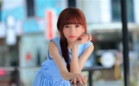 Blue dress Asian young girl, look HD wallpaper