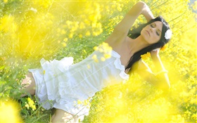 Canola flower field girl, white dress HD wallpaper