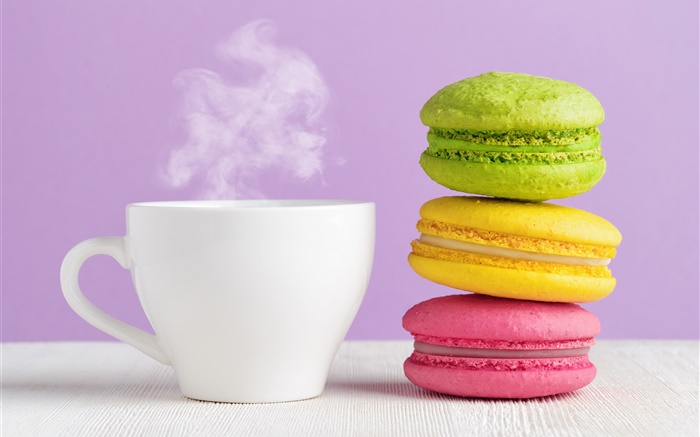 Colorful almond, cookies, cup, coffee, steam Wallpapers Pictures Photos Images