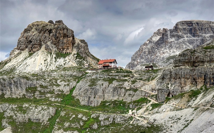 Dolomites, Italy, clouds, rocks, mountains, house Wallpapers Pictures Photos Images
