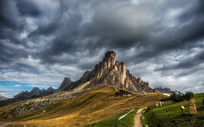 Dolomites, Italy, mountains, house, path, clouds Wallpapers Pictures Photos Images