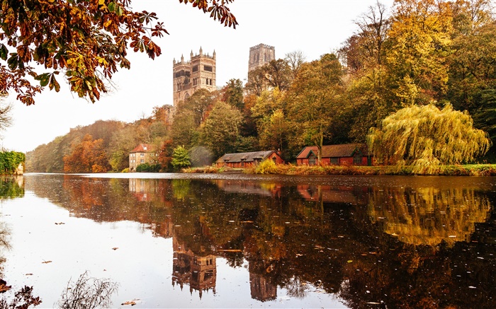 England, Durham, house, trees, river, water reflection Wallpapers Pictures Photos Images