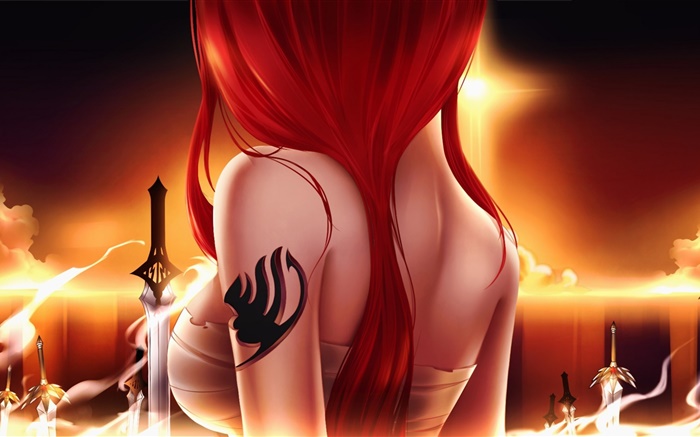 Fairy Tail, anime girl, red hair, sword, back view Wallpapers Pictures Photos Images