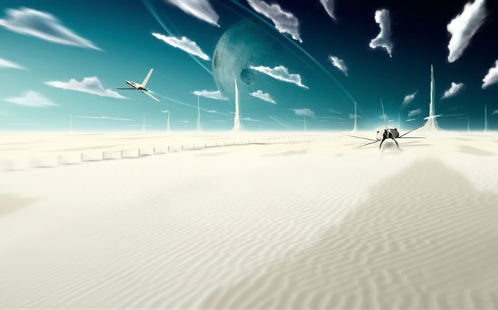 Fantasy world, creative, clouds, planet, desert, planes Wallpapers Pictures Photos Images
