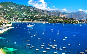 France, coast, pier, boats, yachts, houses, mountains, sky HD wallpaper